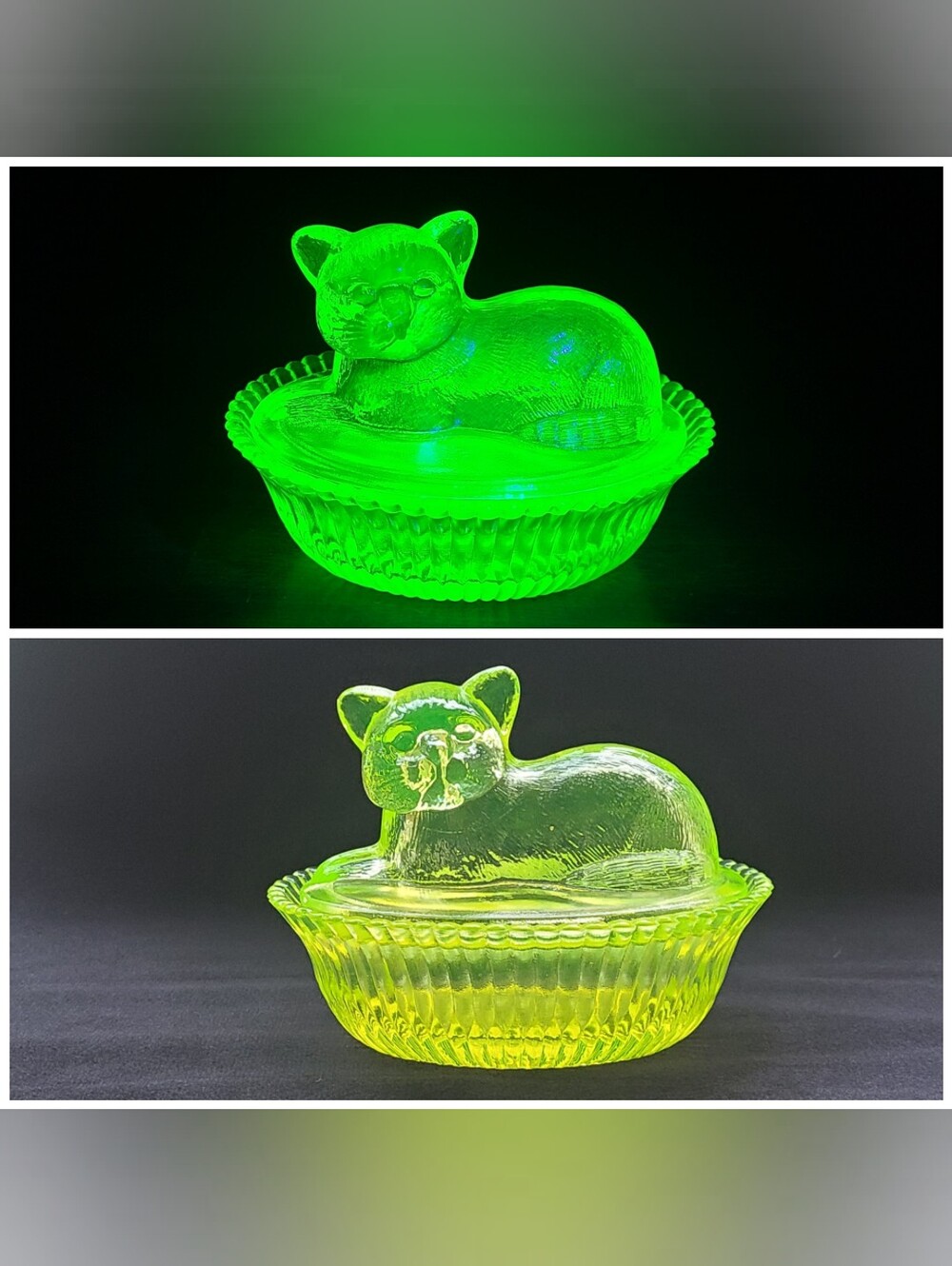 Vaseline Uranium Glass Cat On Nest Vintage